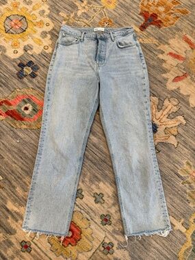 Zara Women’s Button Fly High Rise Straight cropped Light Wash Jeans Raw Hem 8